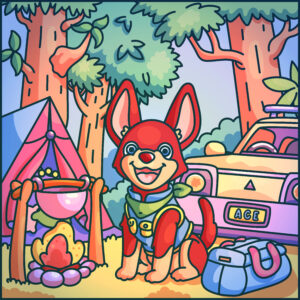 Ace the Australian Kelpie loves camping and cooking. Ace is sitting in front of his tent and ute next to a camp fire with a pot over the fire and his bag nearby. Ace is in the Australian bush and has green eyes and red and light tan fur. Ace has a smile on his face and you can see his name on his number plate.