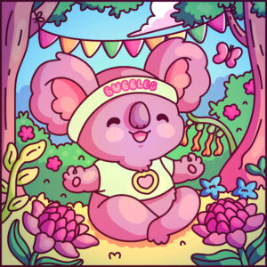 Meet Bubbles the Koala. Bubbles is a grey pink koala and is sitting in a crossed legged yoga position with arms outstretched. She is wearing a yellow headband with her name on it and a yellow tshirt with a pink love heart. Bubbles is sitting in the Australian bush with triangle shape bunting above her in different colours and surrounded by trees and red waratah flowers.