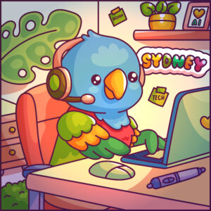 Illustration of Sydney the Rainbow Lorikeet sitting at a tidy desk with a headset and laptop, surrounded by plants and design notes. This colourful digital artwork represents Sydney’s calm tech approach to digital wellbeing and mindful living for families.