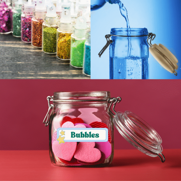 3 images on how to make a relaxing glitter jar. image 1 has different coloured glitter jars, image 2 has a blue hue and is an image of water from a jug being poured into a glass jar, image 3 has a pink and red background with a clear jar full of pink and read love heart shapes. The lid is open and it has Bubbles name on the jar.