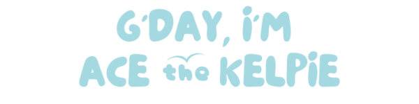 This image is a H1 Title sentence "Ace the Kelpie" in capital letters in sky blue with a white background. The word 'the' is in lower case with a sky blue love heart shape in the letters 'e' and it has a bird silhouette on the top of the word 'the.'
