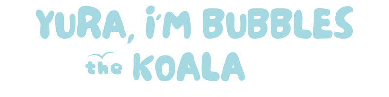 This image has H1 Title sentence "Bubbles the Koala" in capital letters in sky blue with a white background. The word 'the' is in lower case with a sky blue love heart shape in the letters 'e' and it has a bird silhouette on the top of the word 'the.'