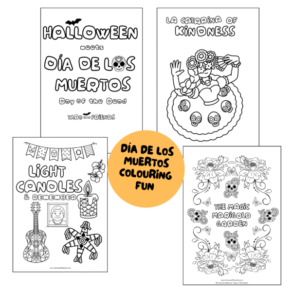 Taro and Friends Dia de los Muertos colouring pages with sugar skull designs, marigold flowers and traditional Mexican Day of the Dead motifs