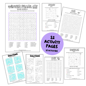 Printable activity page bundle with 12 sheets and 18 games – word searches, mazes, puzzles with Taro and Friends characters.