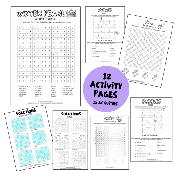 Printable activity page bundle with 12 sheets and 18 games – word searches, mazes, puzzles with Taro and Friends characters.