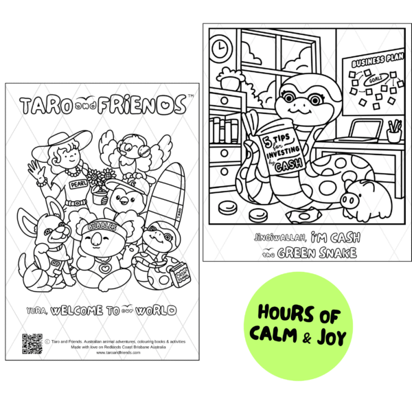 Printable colouring page bundle featuring Taro, Bubbles, and 6 mandala quote designs – 13 Australian animal colouring sheets