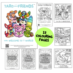 Printable colouring page bundle featuring Taro, Bubbles, and 6 mandala quote designs – 13 Australian animal colouring sheets