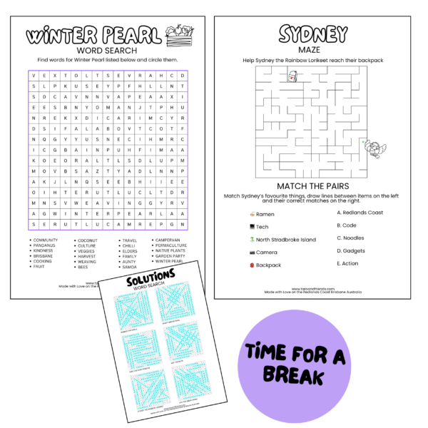 Printable activity page bundle with 12 sheets and 18 games – word searches, mazes, puzzles with Taro and Friends characters.