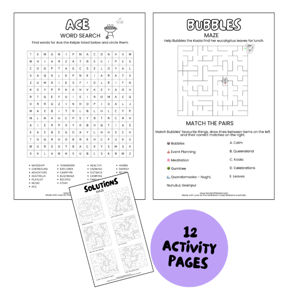 Printable activity page bundle with 12 sheets and 18 games – word searches, mazes, puzzles with Taro and Friends characters.