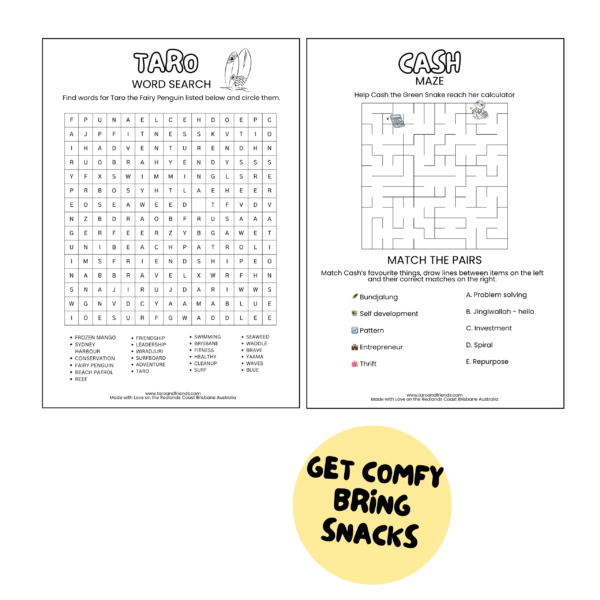 Taro and Friends Complete Bundle with 25 pages – 13 printable colouring sheets plus 12 fun activity pages with Australian animals.