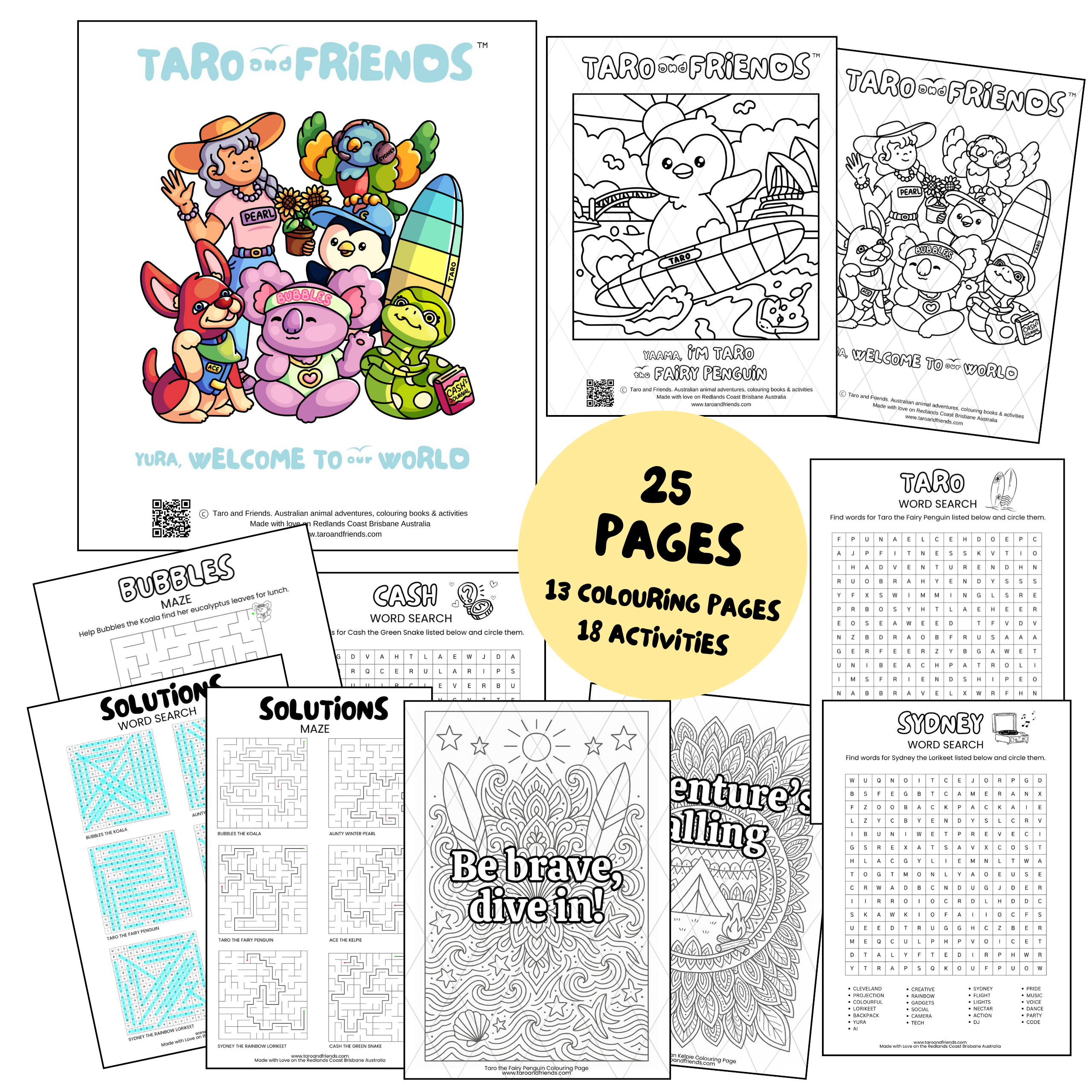 Taro and Friends Complete Bundle with 25 pages – 13 printable colouring sheets plus 12 fun activity pages with Australian animals.