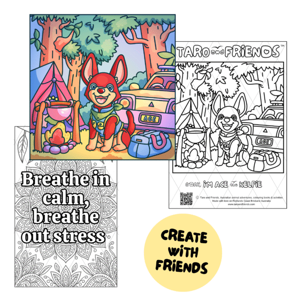 Taro and Friends Complete Bundle with 25 pages – 13 printable colouring sheets plus 12 fun activity pages with Australian animals.