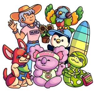 A group photo of Taro and Friends - Aunty Winter Pearl, Ace the Kelpie, Bubbles the Koala, Sydney the Rainbow Lorikeet and Cash the Green Snake.
