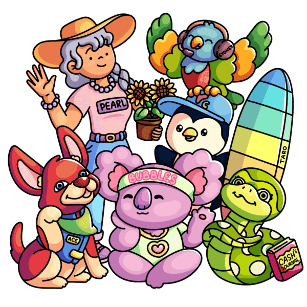 A group photo of Taro and Friends - Aunty Winter Pearl, Ace the Kelpie, Bubbles the Koala, Sydney the Rainbow Lorikeet and Cash the Green Snake.