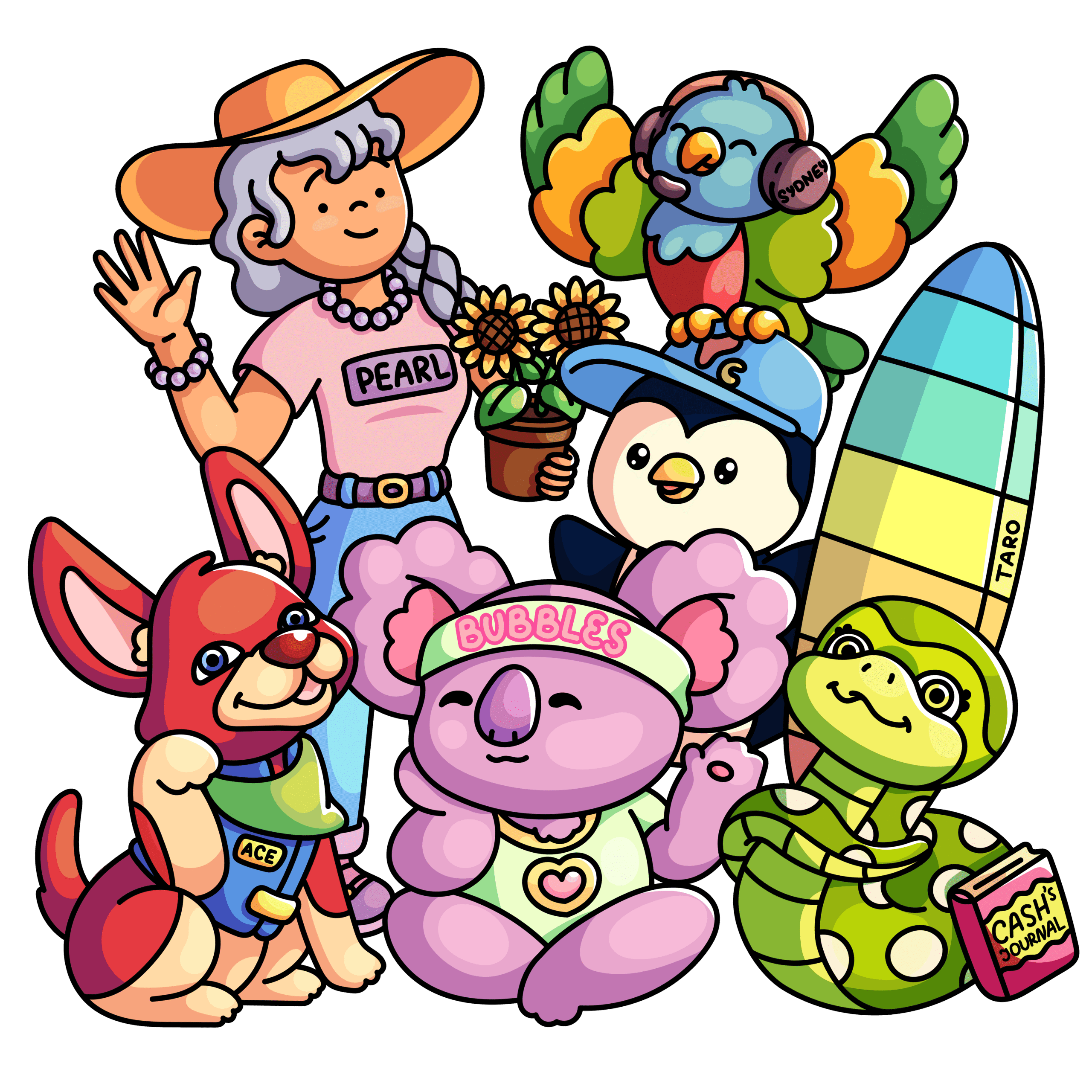 A group photo of Taro and Friends - Aunty Winter Pearl, Ace the Kelpie, Bubbles the Koala, Sydney the Rainbow Lorikeet and Cash the Green Snake.