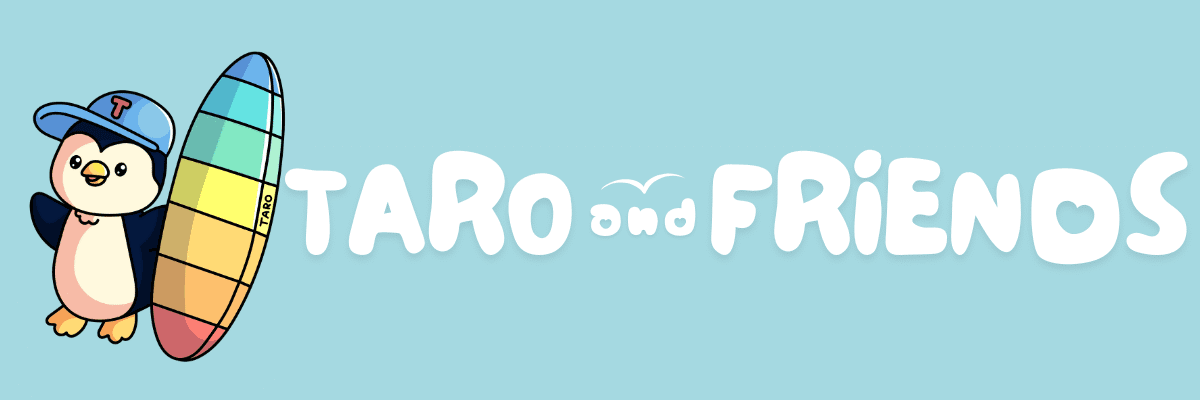 Taro and Friends logo with Taro the Fairy Penguin in a blue cap holding his colourful surfboard – Redlands Coast Brisbane Australia colouring books