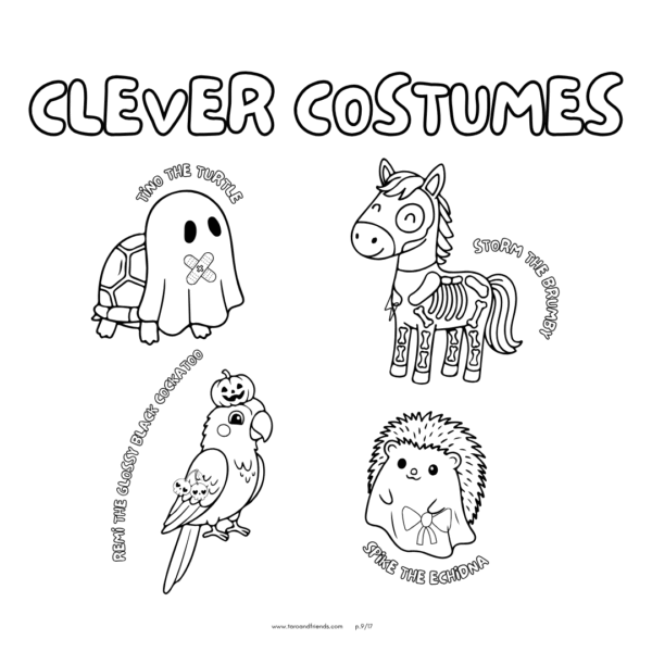Tino Turtle Ghost Costume, Storm Brumby Skeleton Costume, Remi Cockatoo Pumpkin Hat, Spike Echidna Ghost Bow Tie. More Taro and Friends characters.