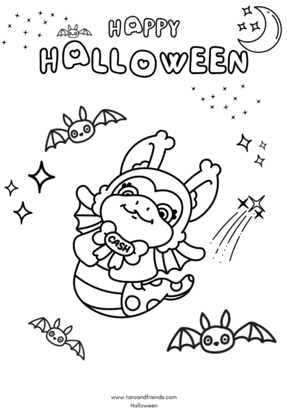 ash the flying fox character from Taro and Friends free colouring page featuring friendly bats and stars, printable colouring sheet