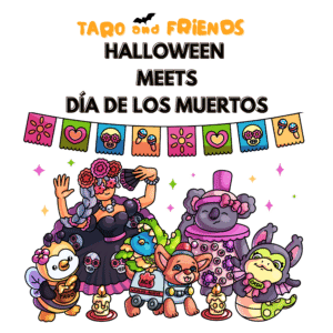 Taro and Friends characters including Taro, Bubbles, Ace, Sydney, Cash and Winter Pearl celebrating Halloween and Dia de los Muertos together with festive decorations, pumpkins, sugar skulls and marigold flowers