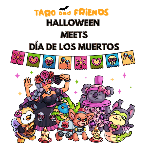 Taro and Friends characters including Taro, Bubbles, Ace, Sydney, Cash and Winter Pearl celebrating Halloween and Dia de los Muertos together with festive decorations, pumpkins, sugar skulls and marigold flowers