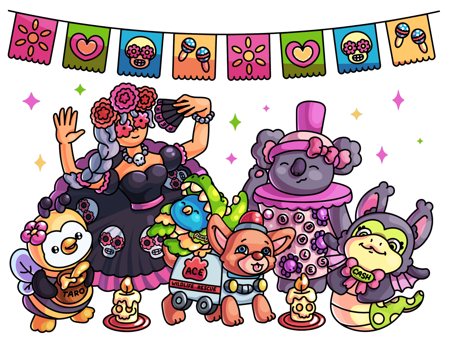 Taro and Friends characters Taro, Bubbles, Ace, Sydney, Cash and Winter Pearl celebrating Halloween and Dia de los Muertos together with festive decorations, pumpkins, sugar skulls and marigold flowers