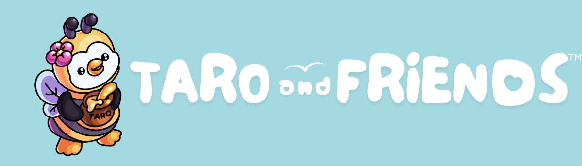 Taro and Friends logo with Taro the Fairy Penguin in a bee costume for Halloween – Redlands Coast Brisbane Australia colouring books